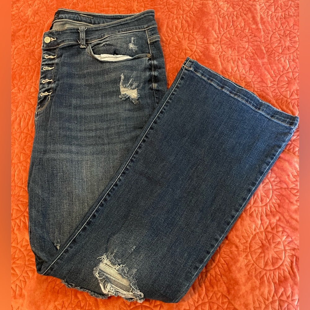 Judy Blue Mid Rise Distressed Button Fly Flare Jeans
